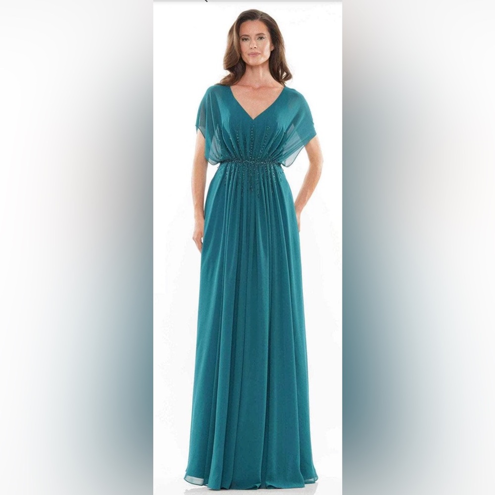 Elegant Teal V-Neck Maxi Dress with Beaded Waist